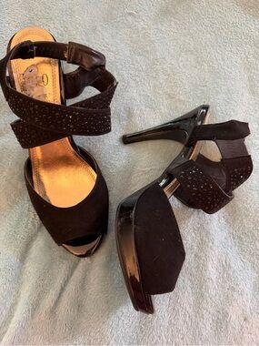 Impo Black Platform Peep-Toe Heels with Rhinestone Straps